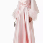 Pink crepe satin organza Swan Coord Set with feathered cape and embellished neckline — Manel | Endless UAE