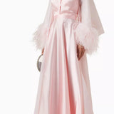 Pink crepe satin organza Swan Coord Set with feathered cape and embellished neckline — Manel | Endless UAE