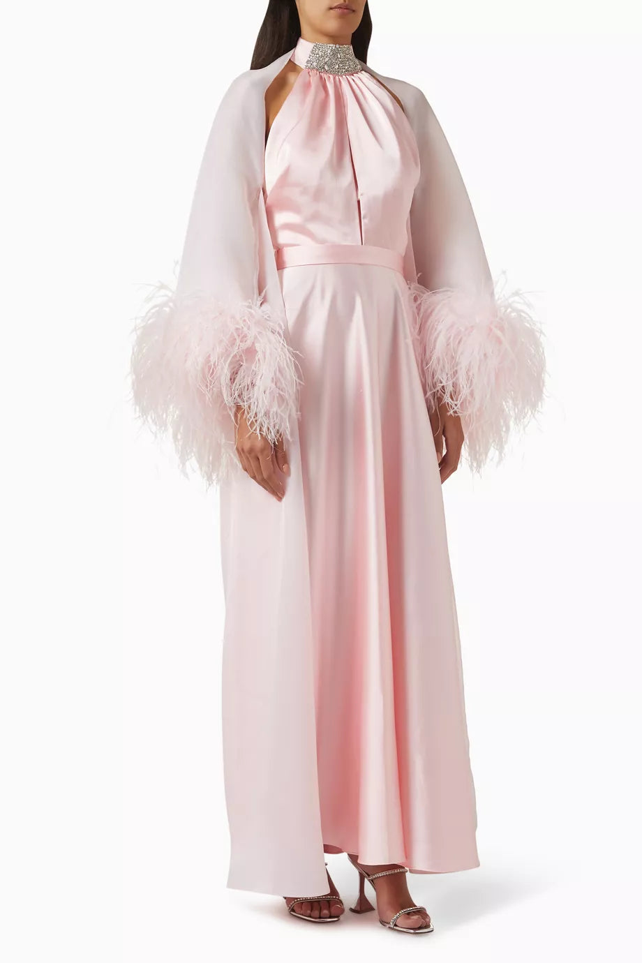 Pink crepe satin organza Swan Coord Set with feathered cape and embellished neckline — Manel | Endless UAE