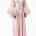 Pink crepe satin organza Swan Coord Set with feathered cape and embellished neckline — Manel | Endless UAE