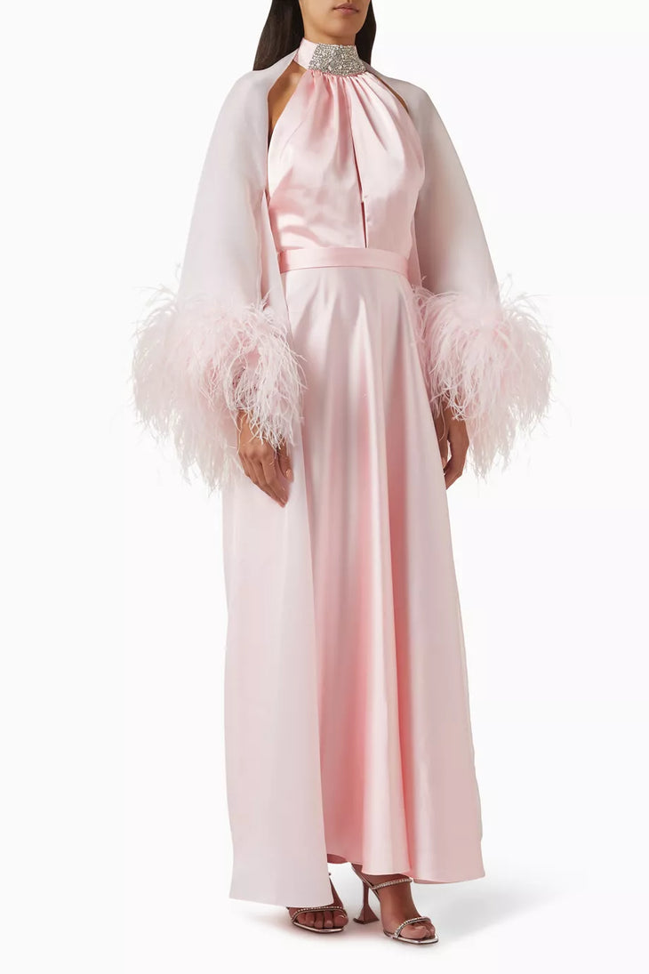 Pink crepe satin organza Swan Coord Set with feathered cape and embellished neckline — Manel | Endless UAE