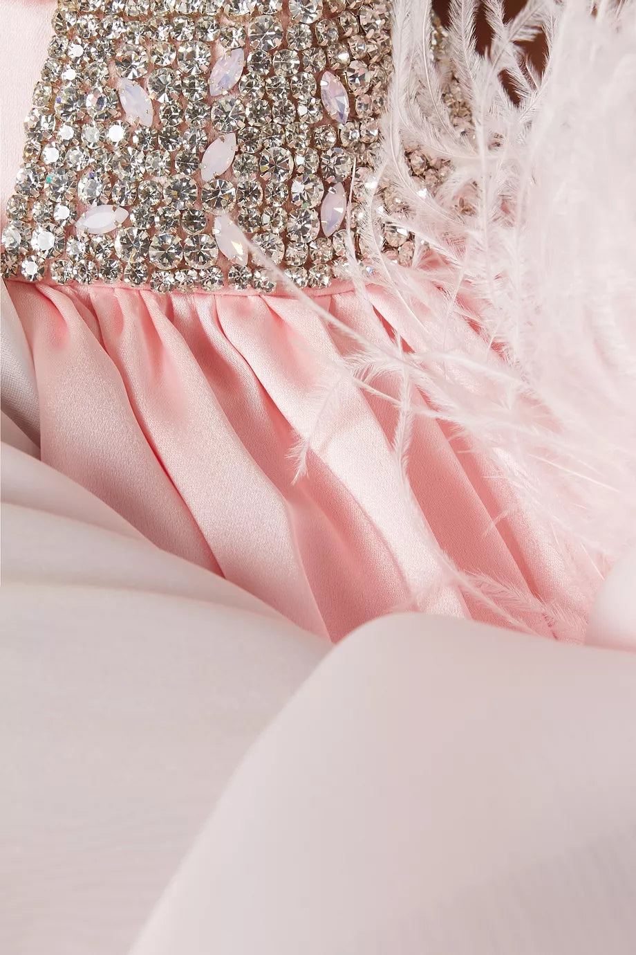 Pink crepe satin organza Swan Coord Set with feathered cape and embellished neckline — Manel | Endless UAE