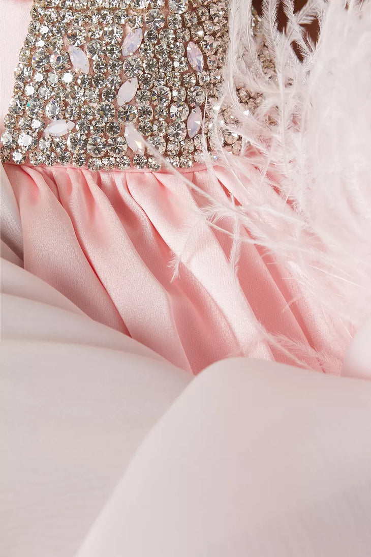 Pink crepe satin organza Swan Coord Set with feathered cape and embellished neckline — Manel | Endless UAE