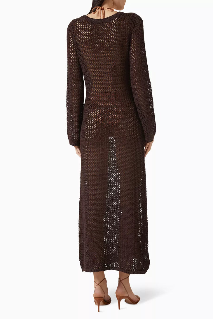 Brown crochet maxi dress with long sleeves and deep V-neckline — Monday Swimwear | Endless UAE