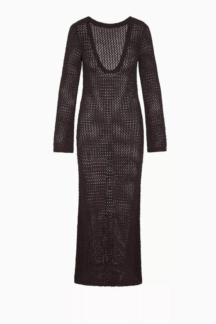Brown crochet maxi dress with long sleeves and deep V-neckline — Monday Swimwear | Endless UAE