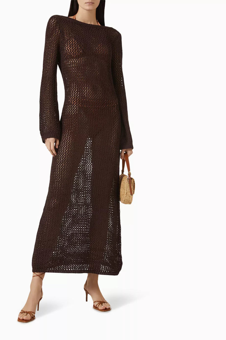 Brown crochet maxi dress with long sleeves and deep V-neckline — Monday Swimwear | Endless UAE