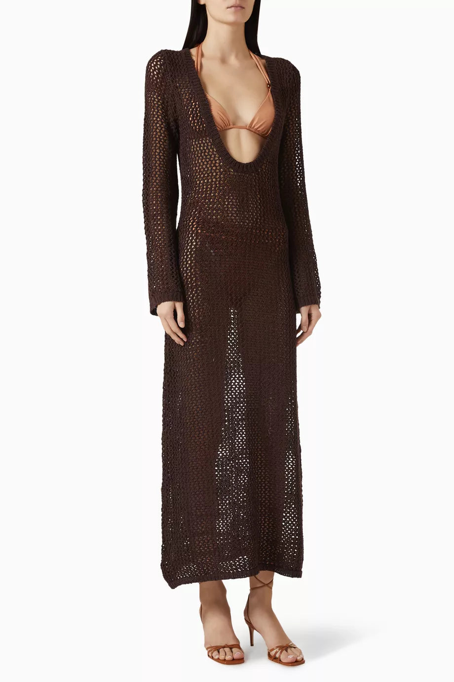 Brown crochet maxi dress with long sleeves and deep V-neckline — Monday Swimwear | Endless UAE