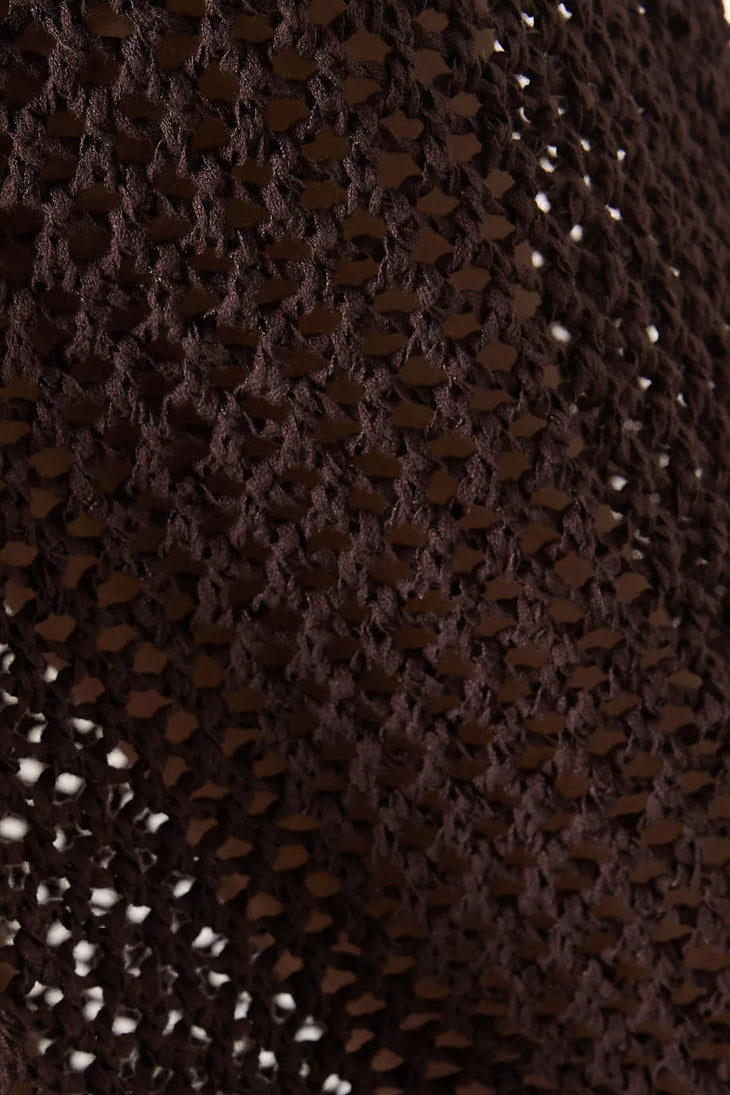 Brown crochet maxi dress with long sleeves and deep V-neckline — Monday Swimwear | Endless UAE