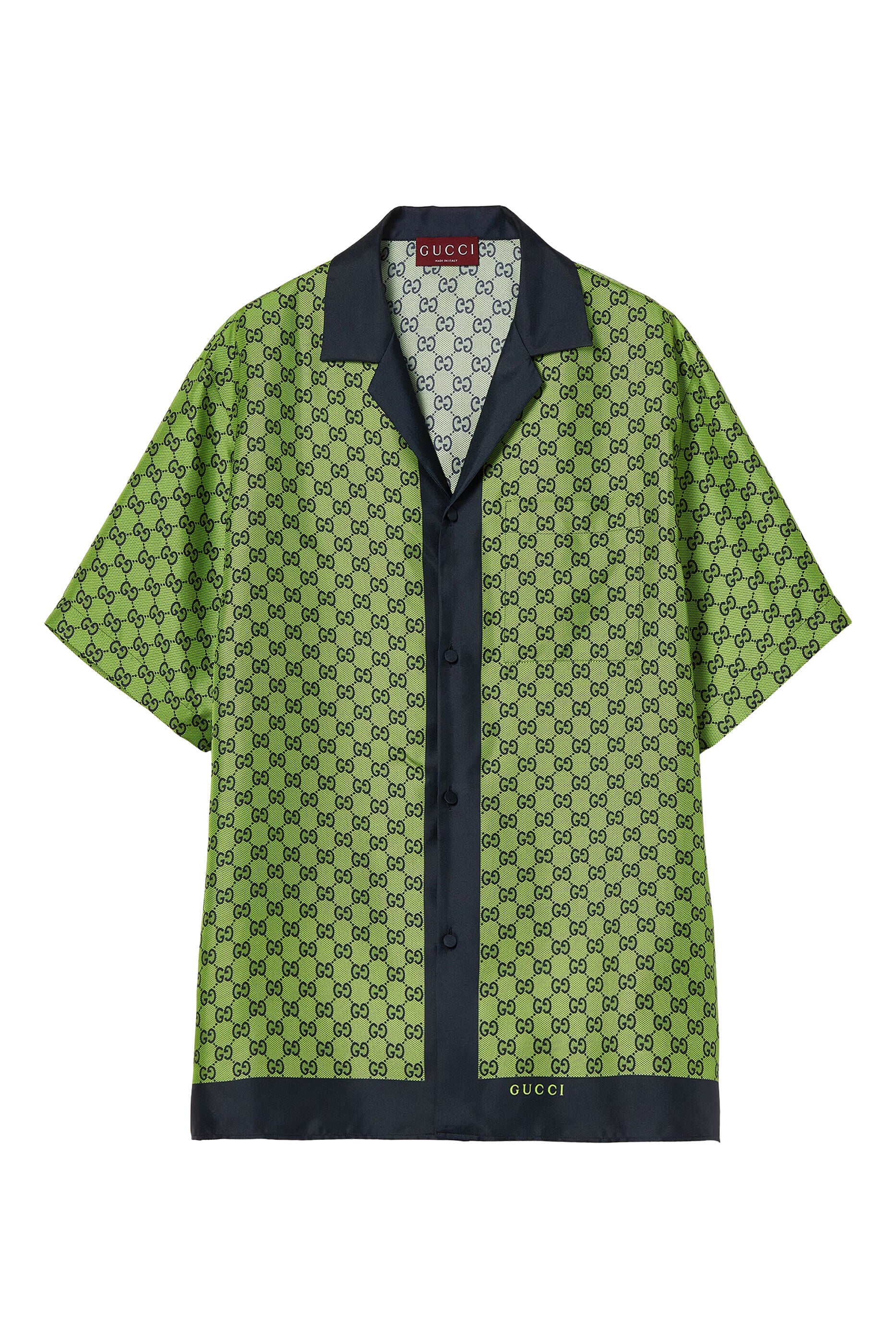Green GG monogram silk shirt with black contrast collar and trim, short sleeves, button front closure — Gucci | Endless UAE