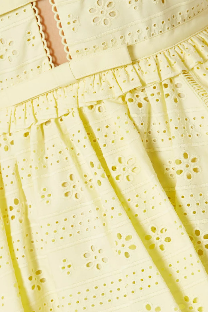 Yellow broderie anglaise mini dress with ruffled tiers and scalloped neckline detail — Self-Portrait | Endless UAE