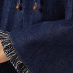 Dark blue denim mini dress with fringe hem detail and wooden bead drawstring ties — Zimmerman | Endless UAE