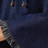 Dark blue denim mini dress with fringe hem detail and wooden bead drawstring ties — Zimmerman | Endless UAE