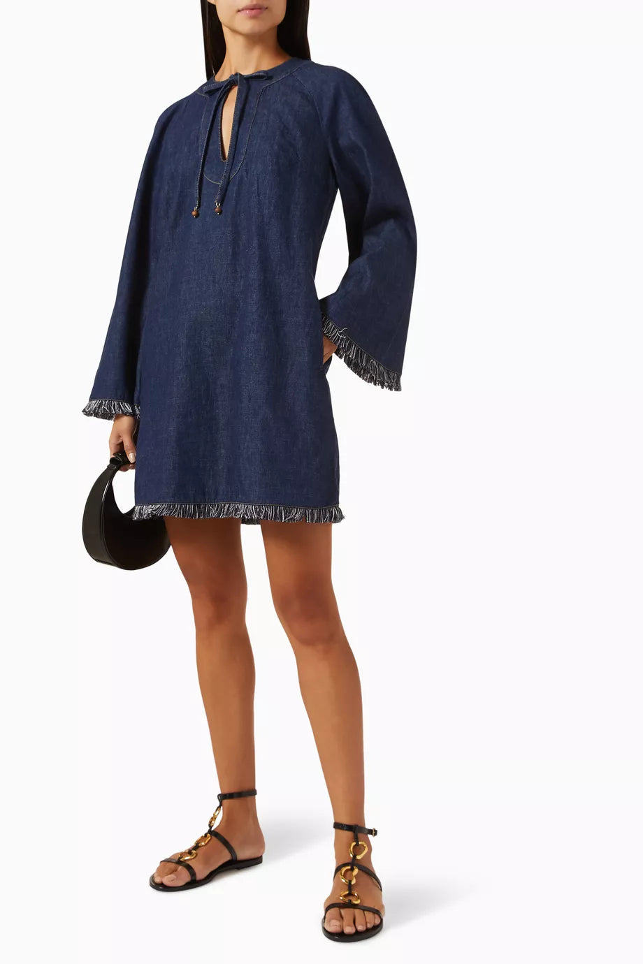 Navy linen mini dress with fringe trim, long sleeves, and tie-neck detail — Zimmermann | Endless UAE