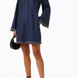 Navy linen mini dress with fringe trim, long sleeves, and tie-neck detail — Zimmermann | Endless UAE