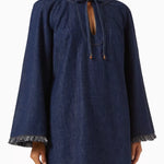 Dark blue denim mini dress with long sleeves, fringe hem detail, and keyhole tie neckline — Zimmermann | Endless UAE