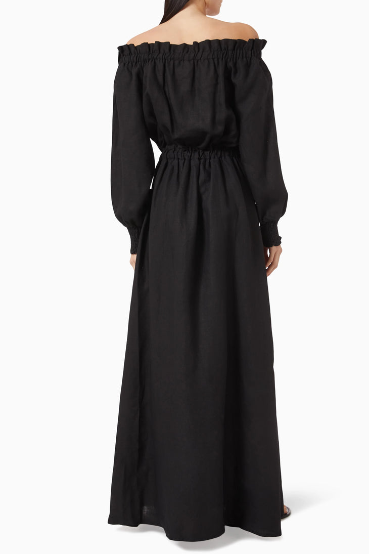 Black linen off-shoulder maxi dress with ruched neckline, long sleeves, and drawstring waist — Moeva | Endless UAE
