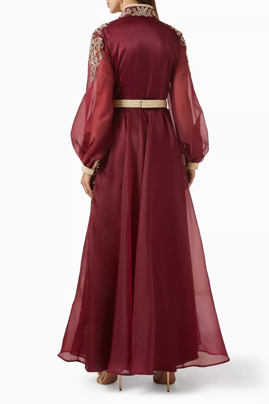 Burgundy bead-embellished belted kaftan with gold embroidery and long sleeves — Eleganza La Mode | Endless UAE