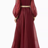 Burgundy bead-embellished belted kaftan with gold embroidery and long sleeves — Eleganza La Mode | Endless UAE