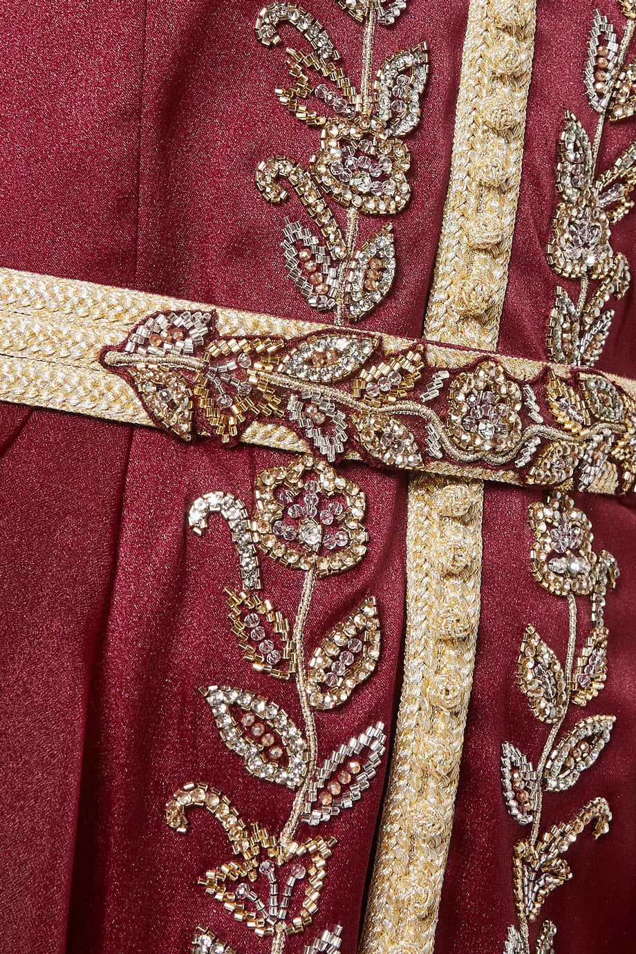 Burgundy bead-embellished belted kaftan with gold embroidery and long sleeves — Eleganza La Mode | Endless UAE