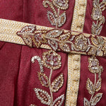Burgundy bead-embellished belted kaftan with gold embroidery and long sleeves — Eleganza La Mode | Endless UAE