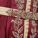 Burgundy bead-embellished belted kaftan with gold embroidery and long sleeves — Eleganza La Mode | Endless UAE