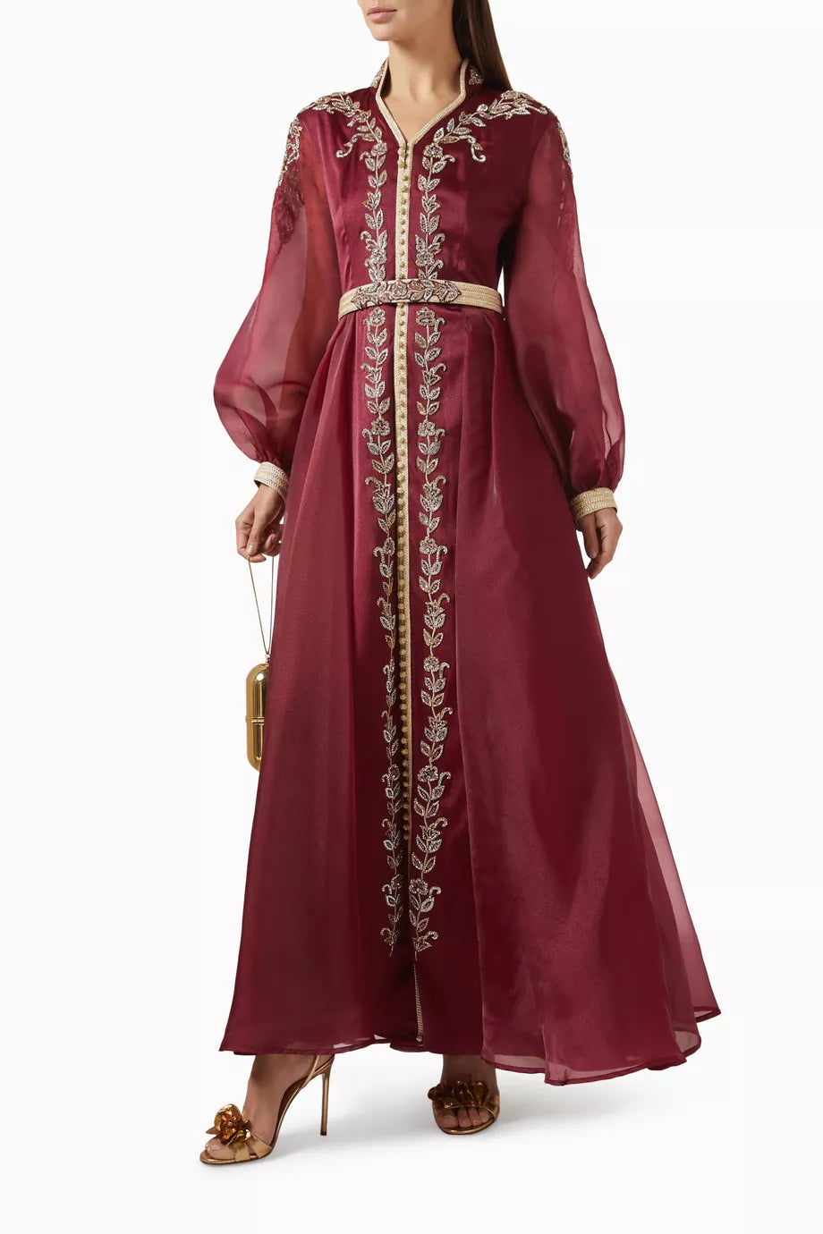 Burgundy bead-embellished belted kaftan with gold embroidery and long sleeves — Eleganza La Mode | Endless UAE