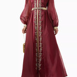 Burgundy bead-embellished belted kaftan with gold embroidery and long sleeves — Eleganza La Mode | Endless UAE