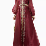 Burgundy bead-embellished belted kaftan with gold embroidery and long sleeves — Eleganza La Mode | Endless UAE