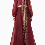 Burgundy bead-embellished belted kaftan with gold embroidery and long sleeves — Eleganza La Mode | Endless UAE