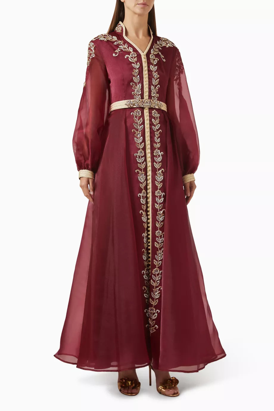 Burgundy bead-embellished belted kaftan with gold embroidery and long sleeves — Eleganza La Mode | Endless UAE