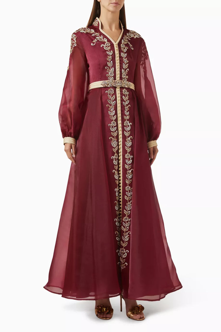 Burgundy bead-embellished belted kaftan with gold embroidery and long sleeves — Eleganza La Mode | Endless UAE