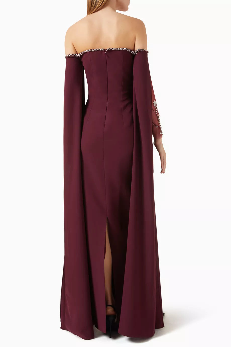 Embellished Off-shoulder Dress in deep burgundy with beaded neckline and cape sleeves — Heva | Endless UAE