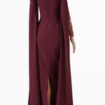 Embellished Off-shoulder Dress in deep burgundy with beaded neckline and cape sleeves — Heva | Endless UAE