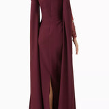 Embellished Off-shoulder Dress in deep burgundy with beaded neckline and cape sleeves — Heva | Endless UAE