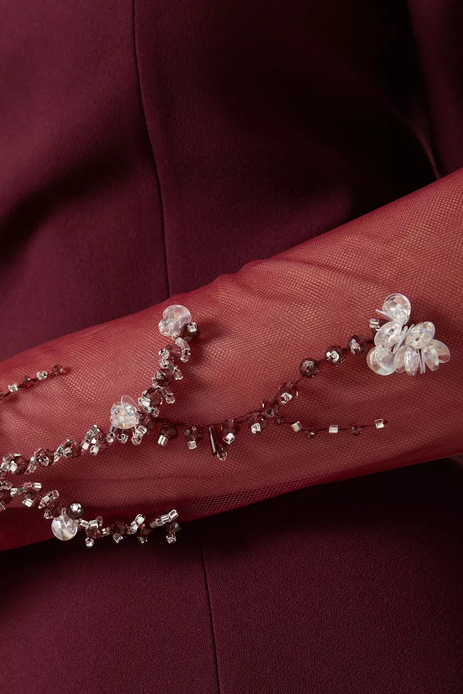 Embellished Off-shoulder Dress in deep burgundy with beaded neckline and cape sleeves — Heva | Endless UAE