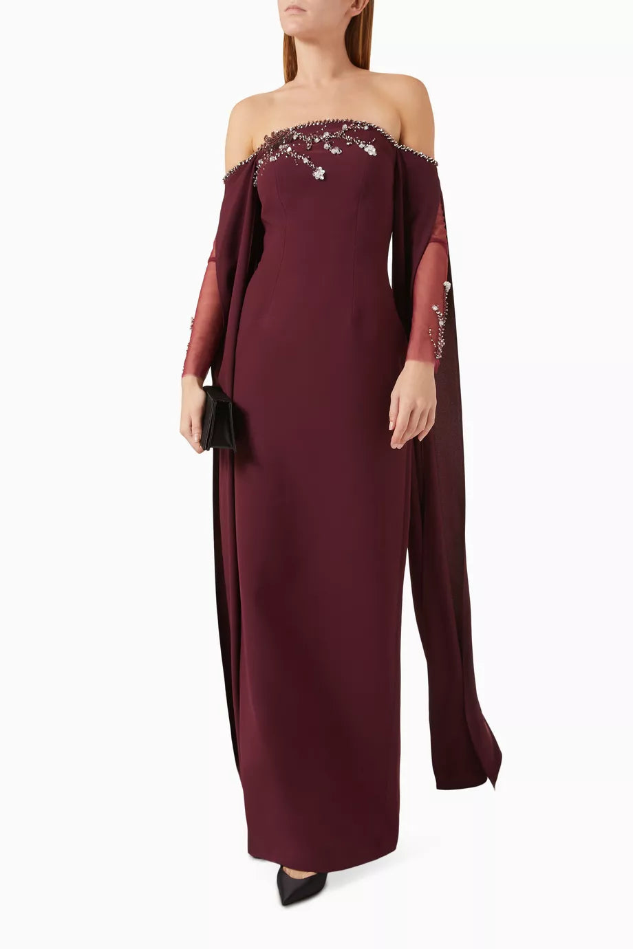 Embellished Off-shoulder Dress in deep burgundy with beaded neckline and cape sleeves — Heva | Endless UAE