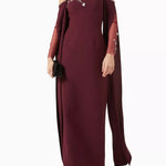 Embellished Off-shoulder Dress in deep burgundy with beaded neckline and cape sleeves — Heva | Endless UAE