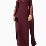 Embellished Off-shoulder Dress in deep burgundy with beaded neckline and cape sleeves — Heva | Endless UAE
