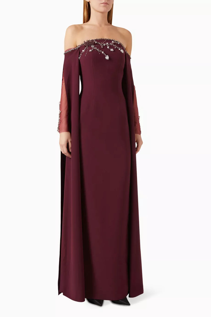 Embellished Off-shoulder Dress in deep burgundy with beaded neckline and cape sleeves — Heva | Endless UAE