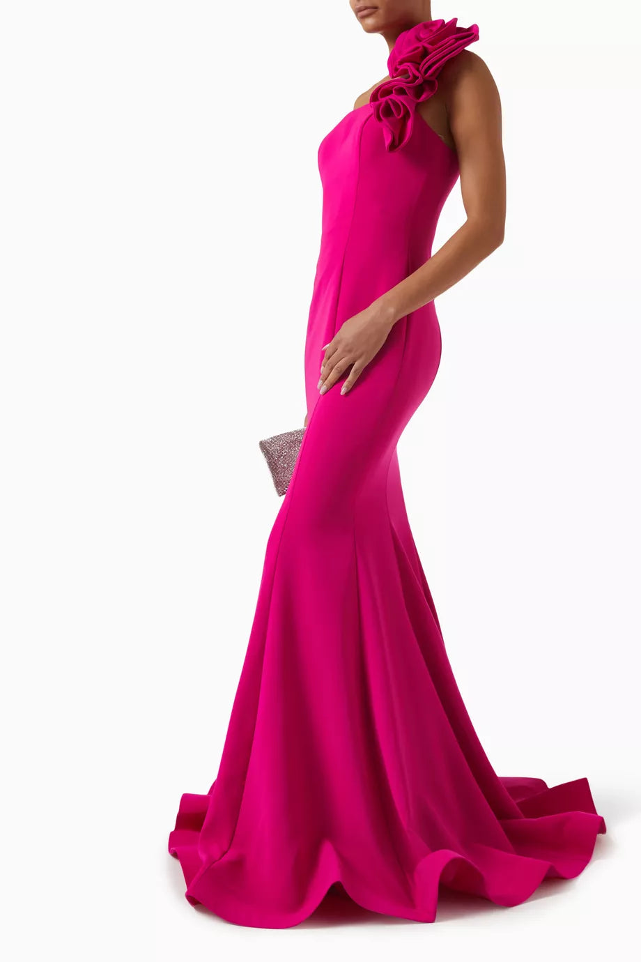 Magenta one-shoulder mermaid gown with ruffled detail — Jovani | Endless UAE
