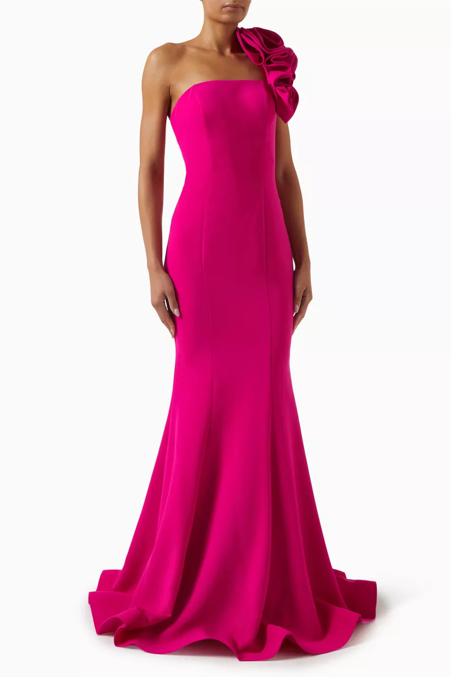 Magenta one-shoulder mermaid gown with ruffled detail — Jovani | Endless UAE