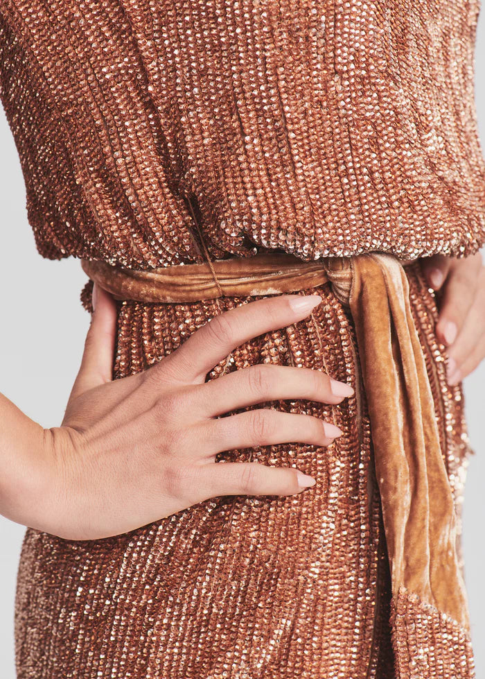 Retrofete Ella Sequin Dress in bronze with velvet belt tie detail, close-up of torso — Retrofete | Endless UAE