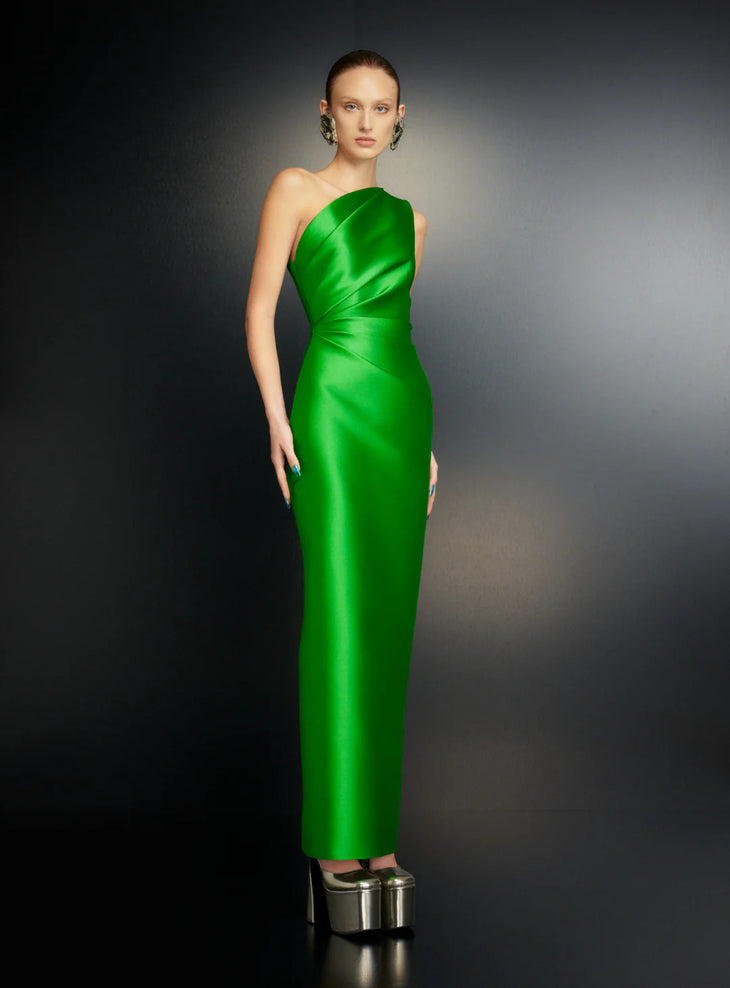 The Kira Maxi Dress in vibrant green with asymmetrical neckline and ruched detailing — Solace London | Endless UAE