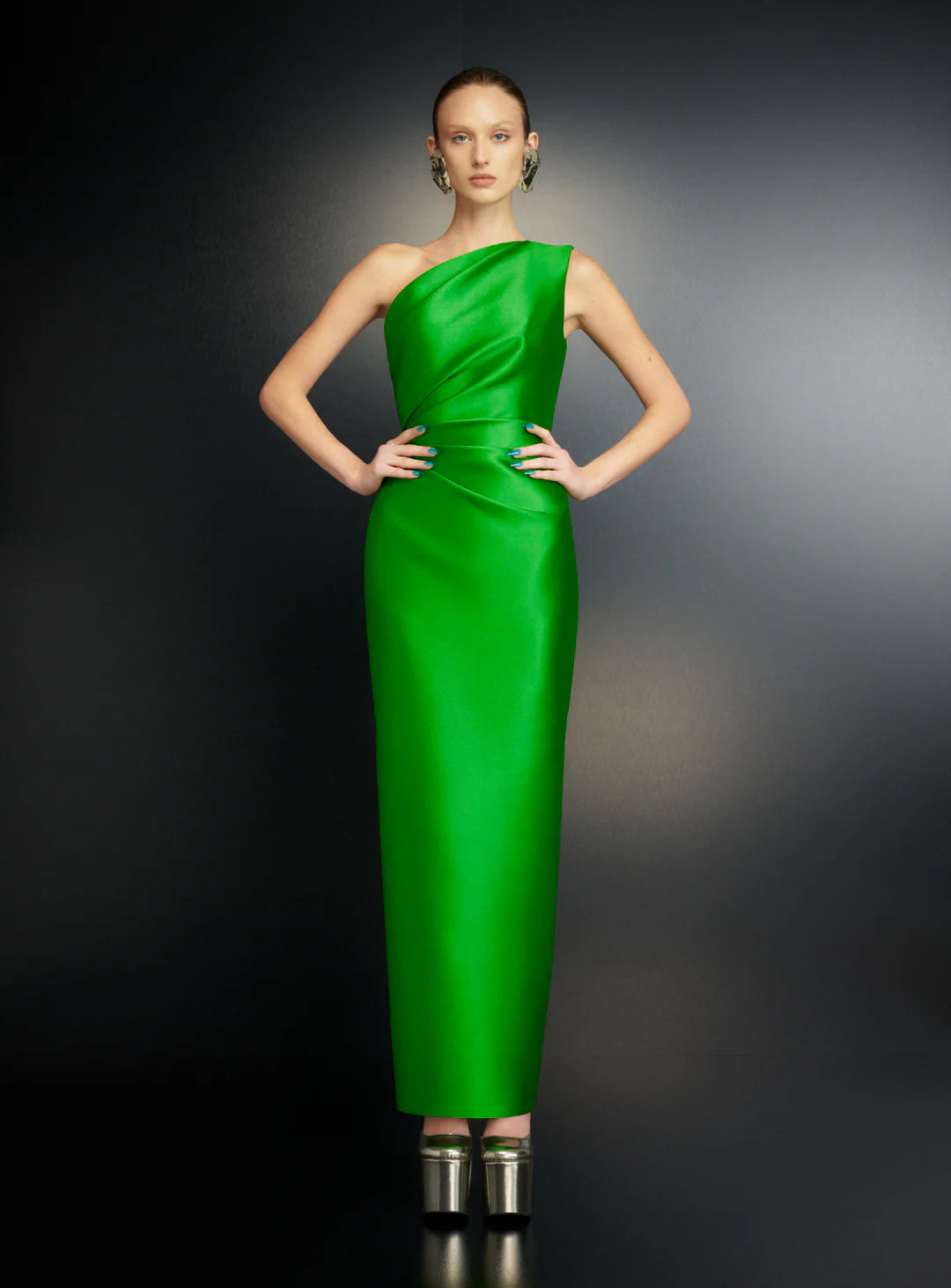 The Kira Maxi Dress in vibrant green with asymmetrical neckline and ruched detailing — Solace London | Endless UAE