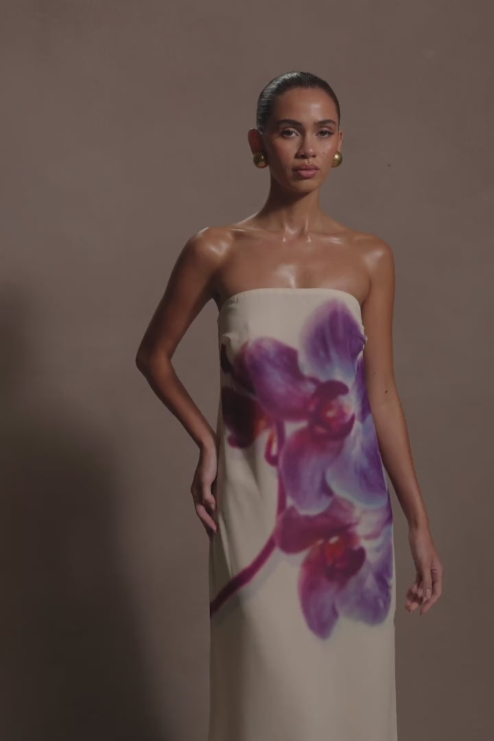 Strapless maxi dress in cream chiffon with purple and pink watercolor floral print — Meshki | Endless UAE