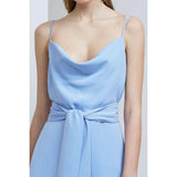 Cornflower blue cowl neck mini playsuit with waist tie detail on model — Keepsake The Label | Endless UAE