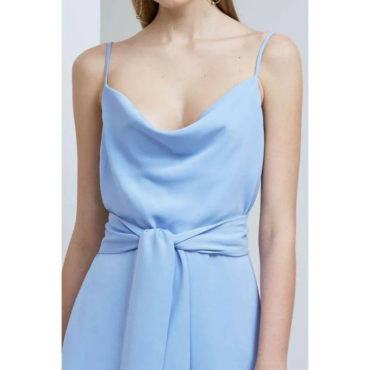 Cornflower blue cowl neck mini playsuit with waist tie detail on model — Keepsake The Label | Endless UAE