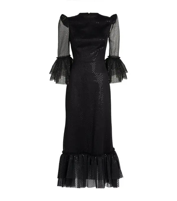 Black lace midi dress with tiered ruffle hem and mesh sleeves — The Vampire's Wife | Endless UAE