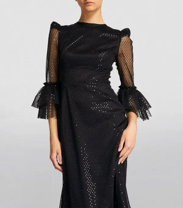 Black lace midi dress with tiered ruffle hem and mesh sleeves — The Vampire's Wife | Endless UAE