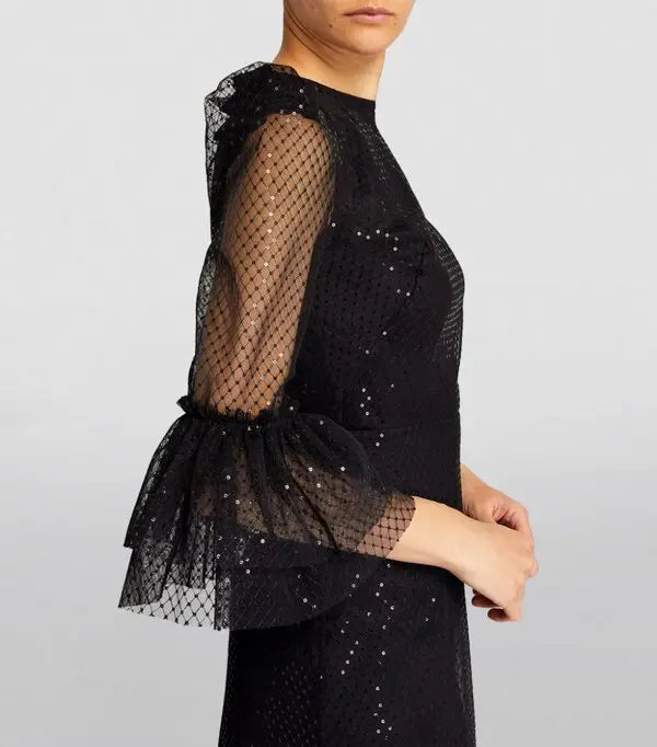 Black lace midi dress with tiered ruffle hem and mesh sleeves — The Vampire's Wife | Endless UAE